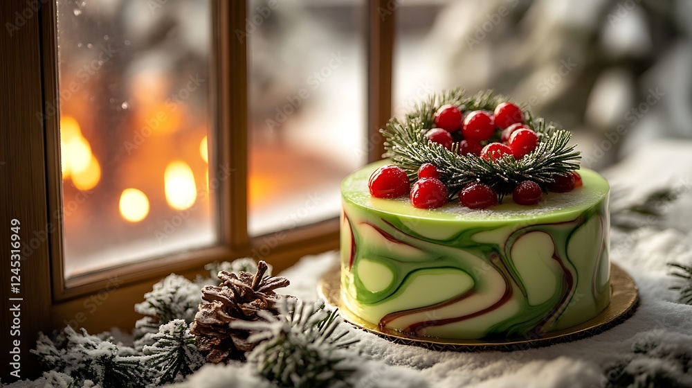 A shimmering mirror glaze mousse cake with green and red hues, designed with swirling patterns, topped with a delicate edible Christmas wreath, A shimmering mirror glaze mousse cake with green and red hues, designed with swirling patterns, topped with a delicate edible Christmas wreath,