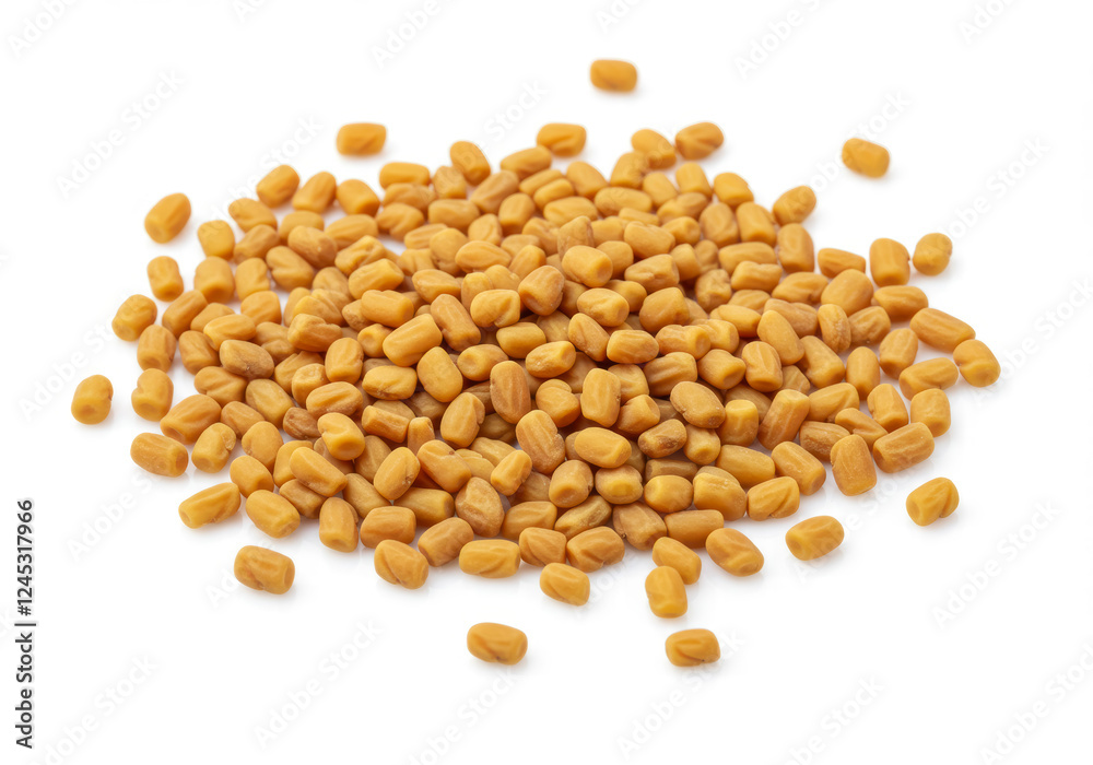Dried Fenugreek Seeds on White Background, Top View of a Popular Herbal Spice Dried Fenugreek Seeds on White Background, Top View of a Popular Herbal Spice