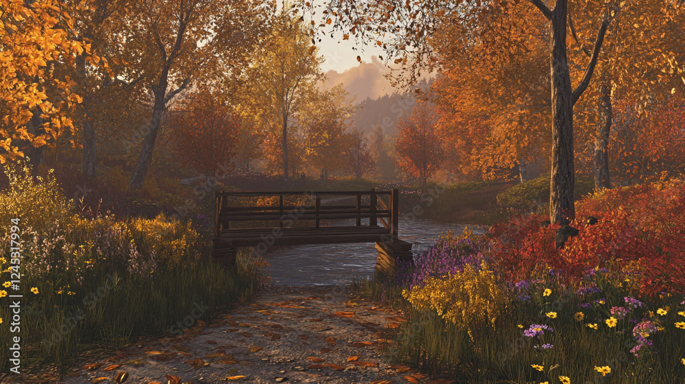 Trail path bridge fall forest with tall autumn trees, beautiful forest scene with a wooden bridge covered by autumn leaves, tranquil autumn lake surrounded by colorful trees. Trail path bridge fall forest with tall autumn trees, beautiful forest scene with a wooden bridge covered by autumn leaves, tranquil autumn lake surrounded by colorful trees.