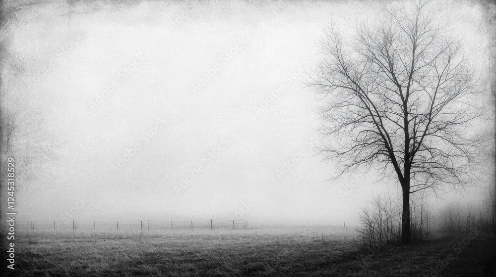 Obraz premium Solitary Tree in Foggy Landscape: A Black and White Monochrome Photography
