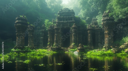 Ancient Jungle Temple Ruins with Lush Greenery. Generative AI photo