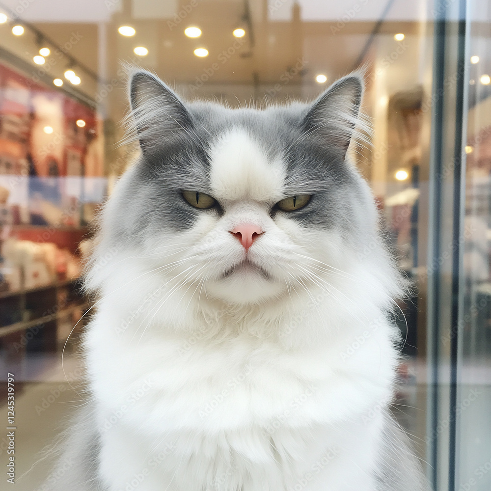 Fototapeta premium Grumpy grey and white cat looking through glass.