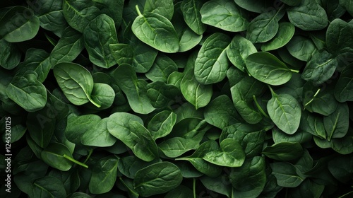 A pile of fresh baby spinach leaves arranged against a dark background, their green vibrancy shining through, Generative AI