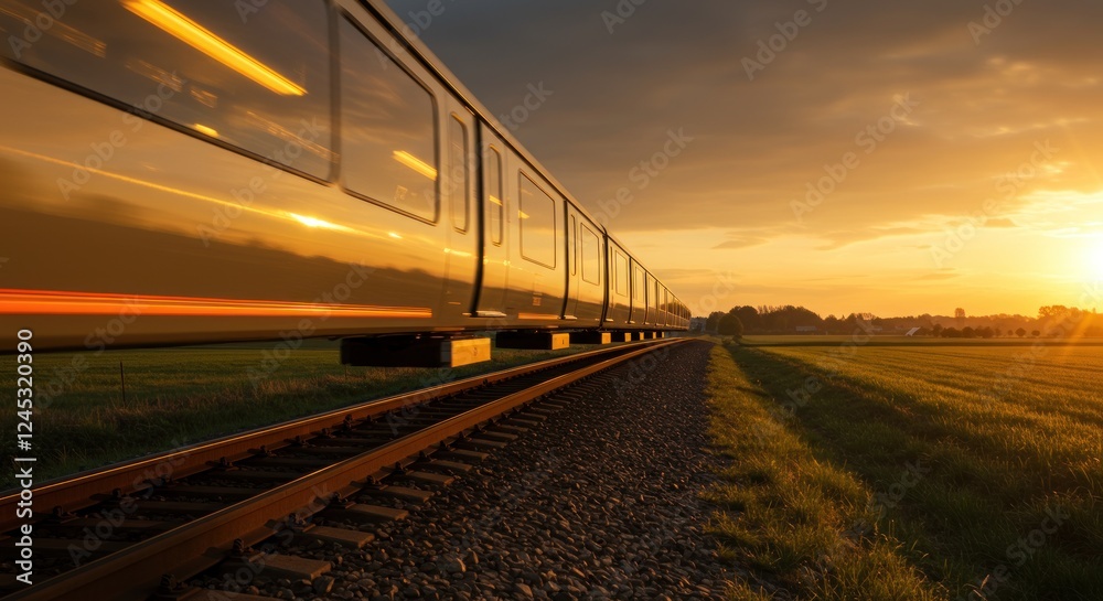 Naklejka premium Golden Hour Train Journey: A Scenic Sunset Ride