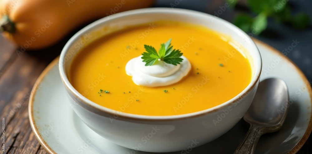 Velvety-smooth butternut squash soup served in a white ceramic bowl with a dollop of cr?me fra?che on top, squash, served Velvety-smooth butternut squash soup served in a white ceramic bowl with a dollop of cr?me fra?che on top, squash, served