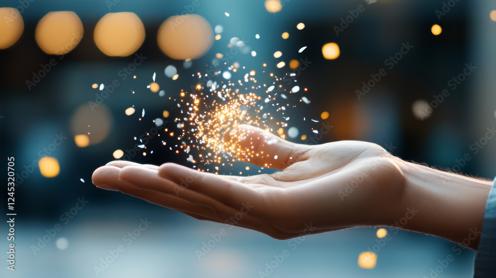 hand gently holds cluster of glowing particles, creating magical and enchanting atmosphere. background is softly blurred, enhancing focus on sparkling lights hand gently holds cluster of glowing particles, creating magical and enchanting atmosphere. background is softly blurred, enhancing focus on sparkling lights