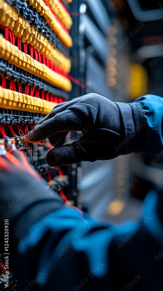Technician's gloved hand connecting cables in server rack. Technician's gloved hand connecting cables in server rack.