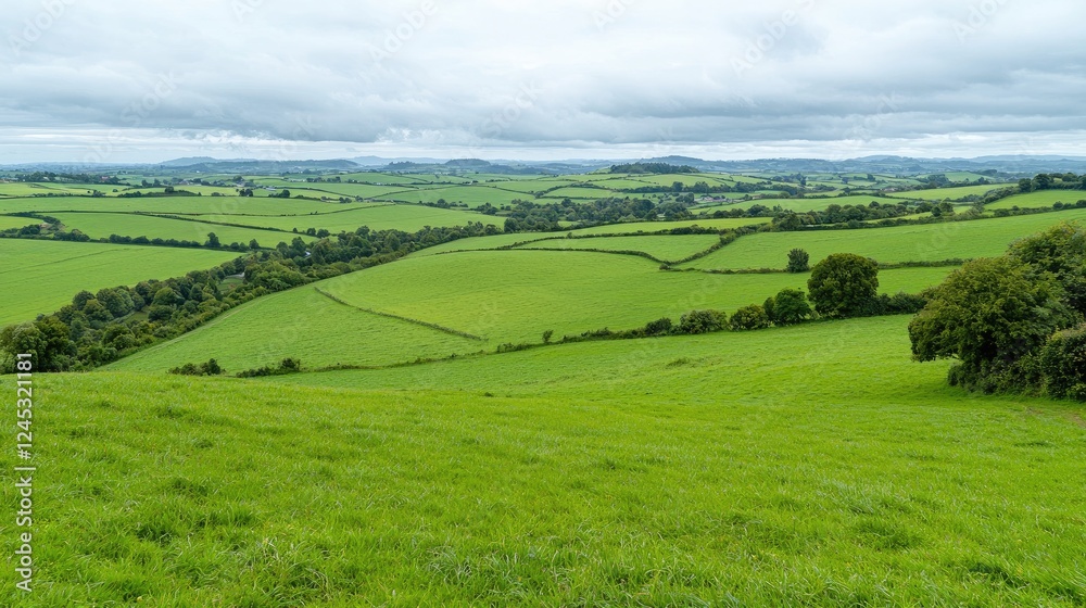 Fototapeta premium Rolling green hills, farmland landscape, overcast sky, peaceful countryside view, ideal for travel brochures