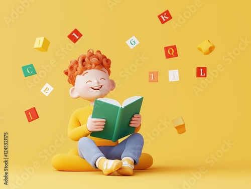Happy child enjoying reading, immersed in a world of letters and cubes, symbolizing the joy of learning and imagination