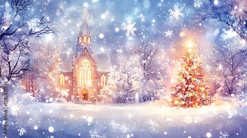 Magical Christmas Eve Church Snow Tree Winter Wonderland