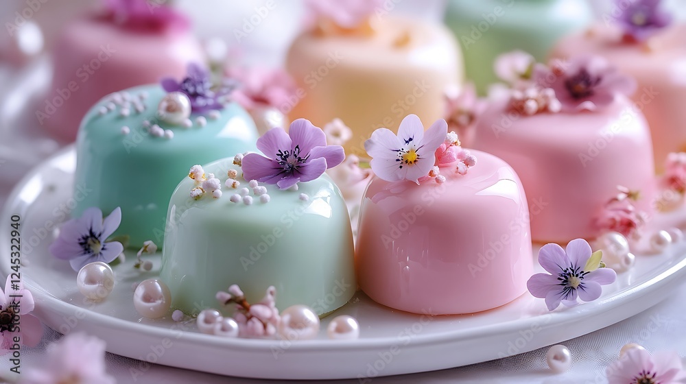Mini mirror glaze mousse cakes in assorted pastel colors—pink, lavender, mint green, and pale blue—arranged on a white ceramic dessert tray, decorated with tiny edible flowers and pearls, Mini mirror glaze mousse cakes in assorted pastel colors—pink, lavender, mint green, and pale blue—arranged on a white ceramic dessert tray, decorated with tiny edible flowers and pearls,