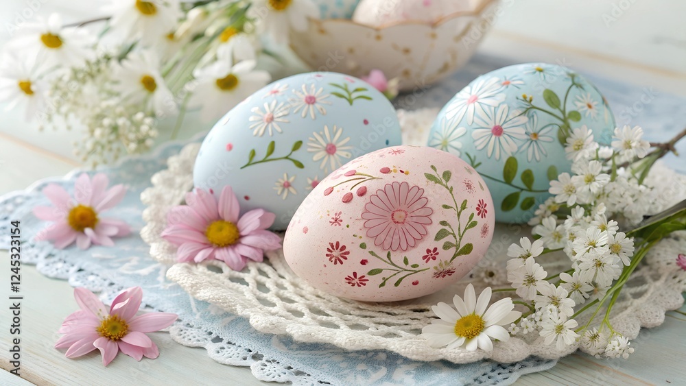 Obraz premium Floral Easter Eggs. Beautifully decorated Easter eggs in pastel blue and pink with delicate flower patterns arranged on lace doily with fresh daisies and ... 