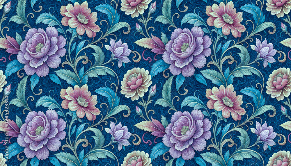 Fototapeta premium beautiful watercolor floral elegant swirls damask fabric seamless pattern of hand drawn flowers