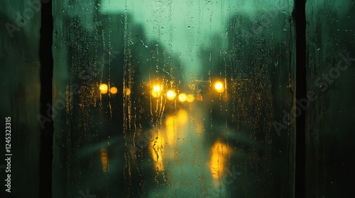 Rainy evening through foggy window with street lights reflection