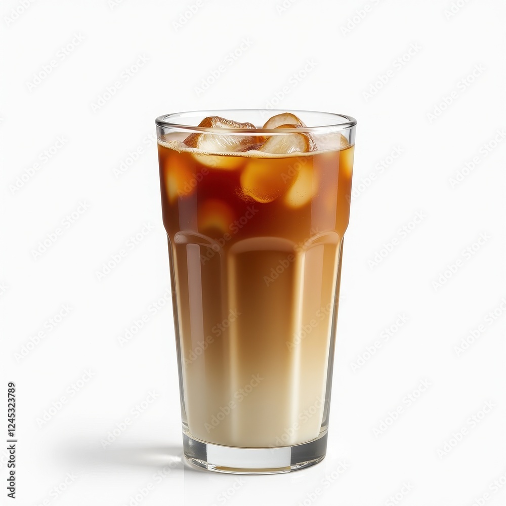 Glass of Iced Coffee on White Background with Brown Liquid and Ice Cubes Glass of Iced Coffee on White Background with Brown Liquid and Ice Cubes