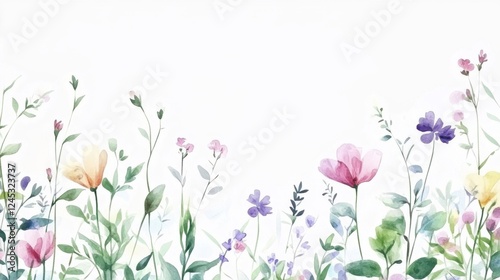 Beautiful seamless floral water color pattern Set, watercolor wild flowers, leaves and grass,Collection botanic garden elements, isolated illustration in rustic or vintage style,copy space.