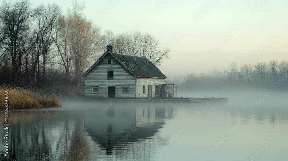 Fototapeta premium A serene foggy landscape featuring a rustic house by a calm lake.