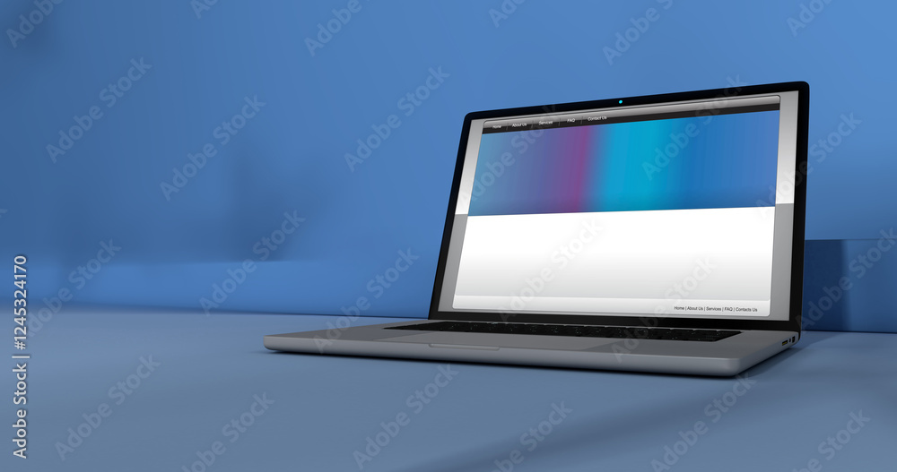 Open laptop with web page on screen on blue surface against blue background Open laptop with web page on screen on blue surface against blue background