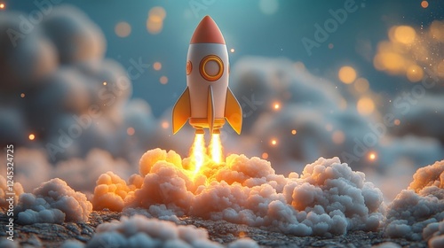 Fototapeta Naklejka Na Ścianę i Meble -  Cute Rocket Ship Lifting Off from Clouds with Bright Orange Flames. Generative AI