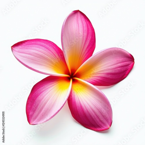 Single pink and yellow frangipani flower with fuchsia edges and golden center, isolated on white background