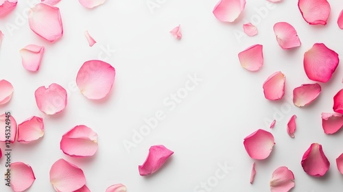 Pink rose petals scattered on white surface creating an elegant floral pattern