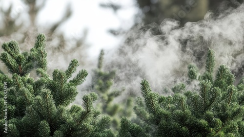 Natural transpiration Concept. Lush green pine branches surrounded by mist create a serene, atmospheric scene that evokes a sense of calmness and nature.
