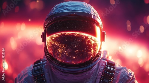 Futuristic Astronaut Reflecting Fiery Planet in Visor. Generative AI photo