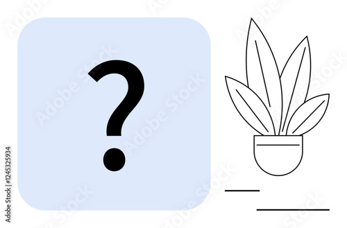 Question mark inside light blue square next to simple, line-drawn potted plant. Ideal for uncertainty, curiosity, decision-making, growth, future planning, questions nature concepts. Abstract line