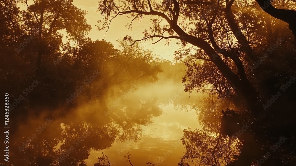 Fototapeta premium Natural transpiration Concept. Serene river landscape at sunset, with mist rising and trees casting shadows on the water's surface.