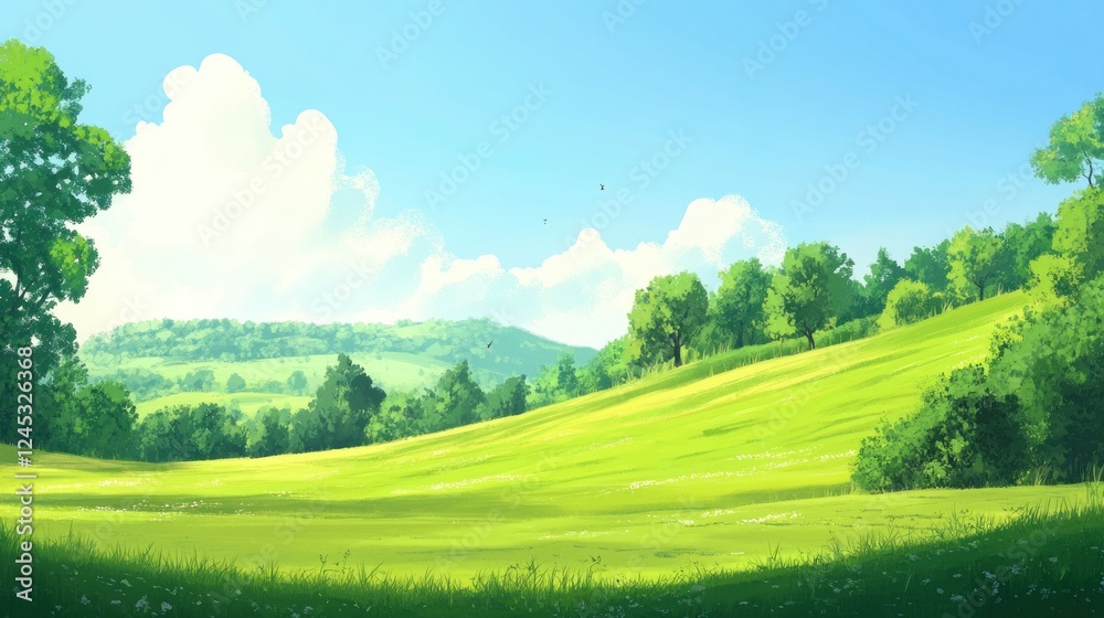 A serene landscape featuring lush green hills and a bright blue sky with fluffy clouds. A serene landscape featuring lush green hills and a bright blue sky with fluffy clouds.