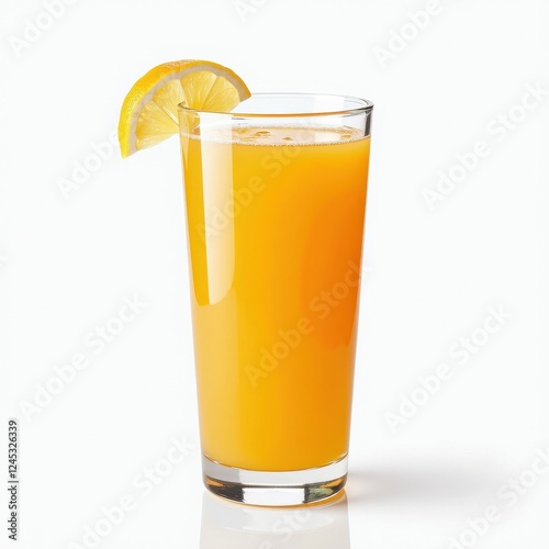 Isolated Glass of Oran Juice with Lemon Garnish on White Background photo