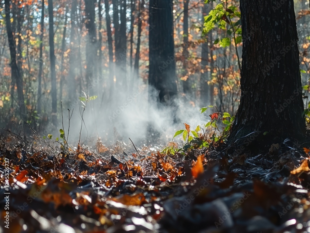 Natural transpiration Concept. Misty forest scene with sunlight filtering through trees, highlighting fallen leaves and smoke on the ground. Natural transpiration Concept. Misty forest scene with sunlight filtering through trees, highlighting fallen leaves and smoke on the ground.