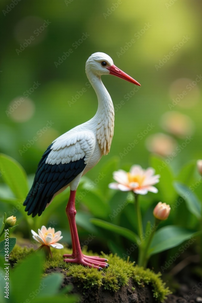 Fototapeta premium Delicate stork figurine amidst lush green branches, flowers, charming garden scene