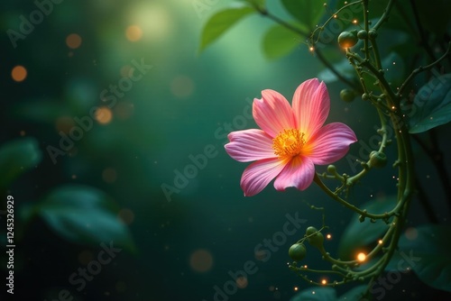 Delicate vines entwine a glowing, suspended flower, tropical, entwined, greenery