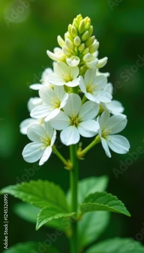 Delicate white blooms adorn a lush Pentas plant stem, , garden