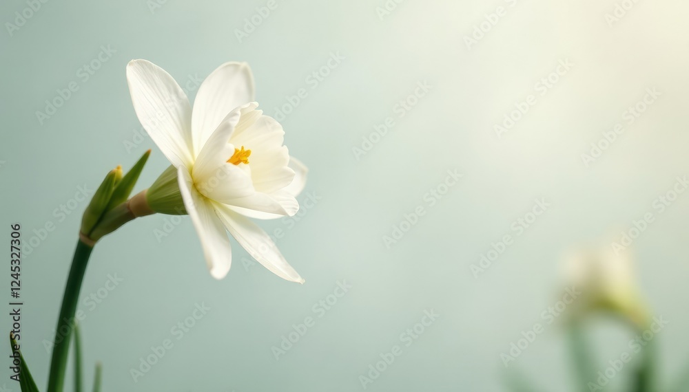 Delicate white petals of Narcissus papyraceus unfolding on a stem, white, spring, garden Delicate white petals of Narcissus papyraceus unfolding on a stem, white, spring, garden