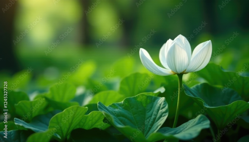 Fototapeta premium Delicate white petals unfolding among dense foliage, plant life, floral details, serene landscape