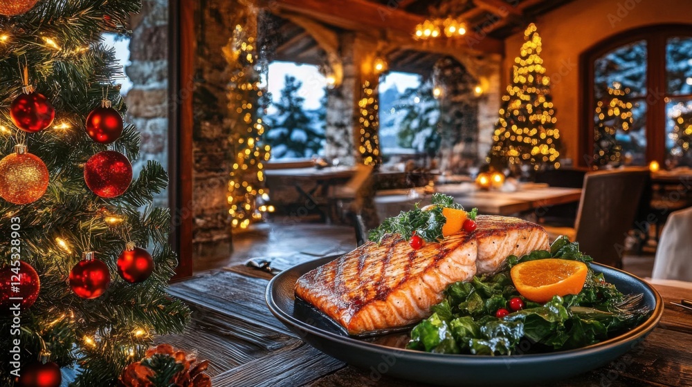Grilled salmon with orange sauce and a salad. Typical Mediterranean coast dish. Christmas food served on a table decorated with Christmas motifs Grilled salmon with orange sauce and a salad. Typical Mediterranean coast dish. Christmas food served on a table decorated with Christmas motifs