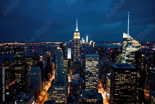 Panor?mica de la ciudad de Nueva York con skyline de Manhattan a la izquierda, noche, skyline, ciudad