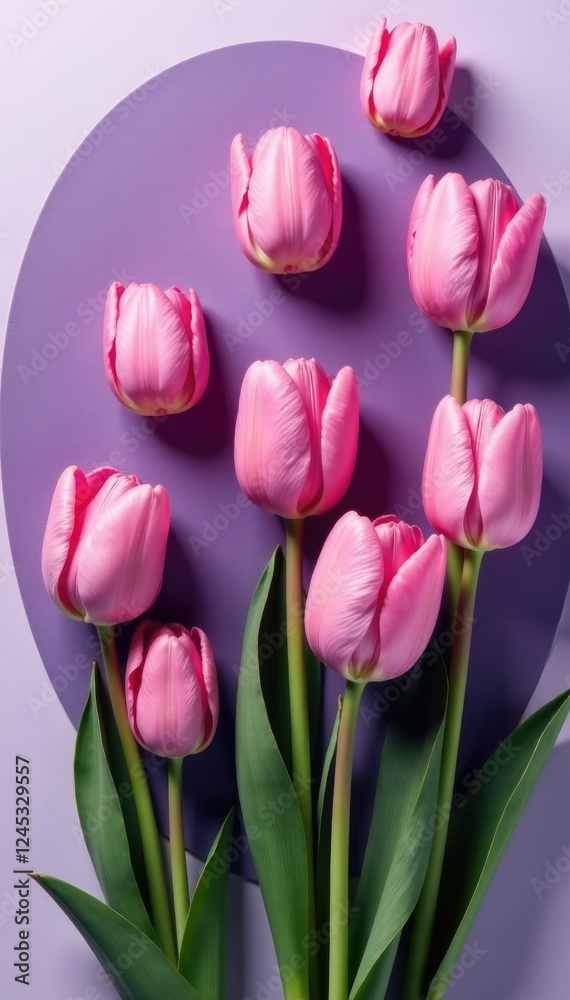 Pastel pink tulips scattered on a monochrome round background, tulip, purple Pastel pink tulips scattered on a monochrome round background, tulip, purple