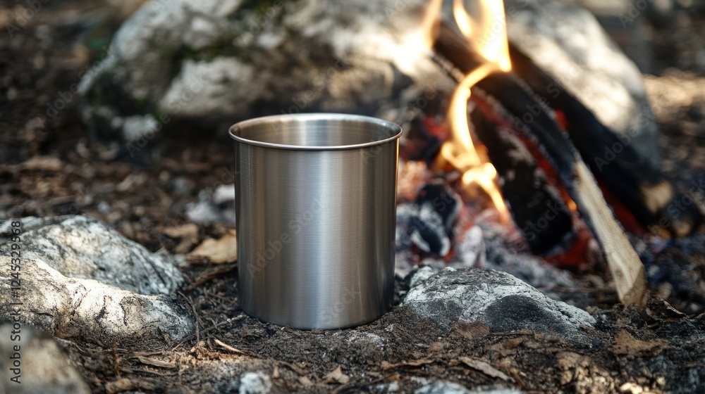 A stainless steel cup positioned near a campfire on rocky ground. A stainless steel cup positioned near a campfire on rocky ground.