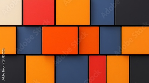 Geometric Harmony: A dynamic composition of colorful square tiles, arranged in a visually appealing and modern pattern. Bold and balanced geometric design.