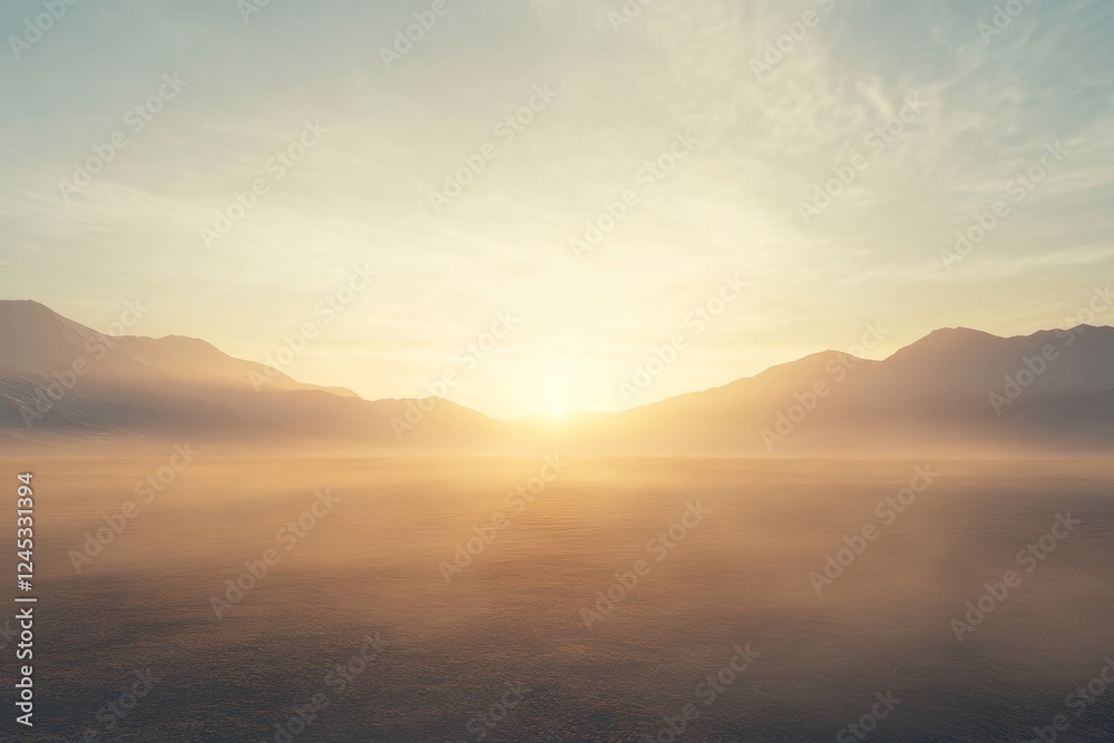 Tranquil sunrise over misty mountain landscape with soft morning light