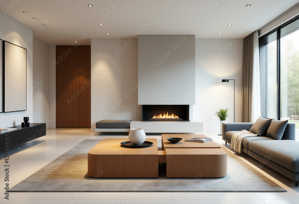 Fototapeta premium Modern Minimalist Wooden Coffee Table in Contemporary Living Space