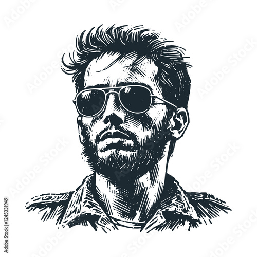 A young revolutionary with sunglasses. Black white icon vector and icon illustration.