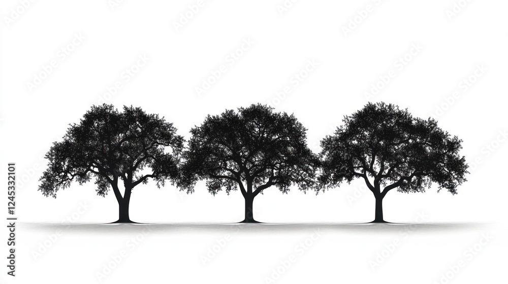Fototapeta premium Three Oak Trees Silhouette, White Background, Nature, Design