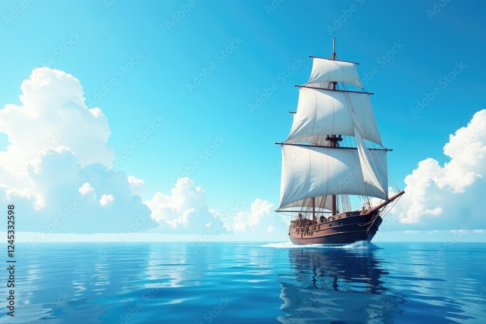 Vessel sails through the clear blue sky with clouds, clouds, blue Vessel sails through the clear blue sky with clouds, clouds, blue