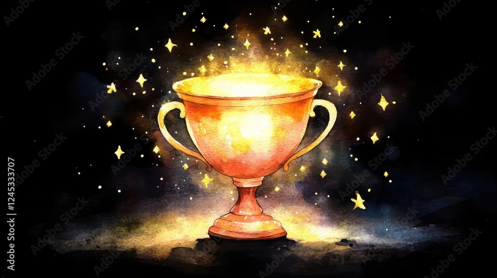 A glowing trophy on a dark background symbolizes achievement and success, surrounded by vibrant stars, perfect for motivational themes. A glowing trophy on a dark background symbolizes achievement and success, surrounded by vibrant stars, perfect for motivational themes.