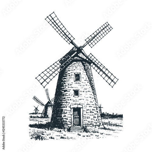 Old Amsterdam Windmill - Black white vector illustration.