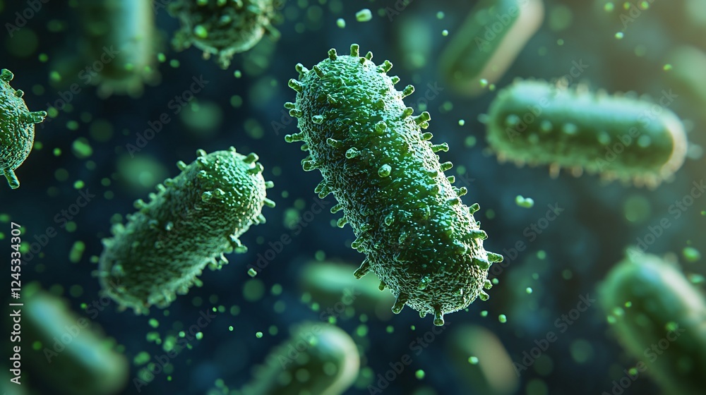 A highly detailed 3D rendering of green bacteria floating in a microscopic environment. The pathogens appear textured and covered in tiny protrusions, symbolizing infection, disease, and microbiology A highly detailed 3D rendering of green bacteria floating in a microscopic environment. The pathogens appear textured and covered in tiny protrusions, symbolizing infection, disease, and microbiology